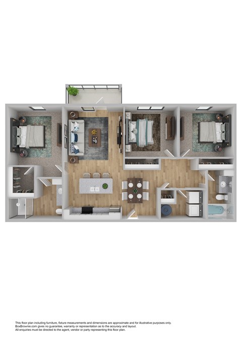 A floor plan of a furnished apartment with a kitchen, living room, and three bedrooms.